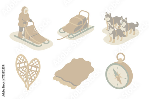 Northern Wilderness Adventure. Isometric vector illustration set Northern wilderness travel: dog sled mush snow, sled loaded, team