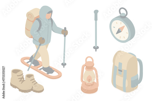 Arctic Hiking Essentials. Isometric vector illustration set Outdoor arctic hiking: snowshoe walk distribute weight, trekking stick