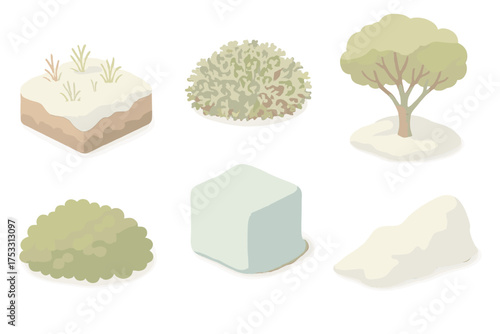 Northern Landscape Set. Isometric vector illustration set Northern landscape plants: frozen tundra permafrost plant, cushion