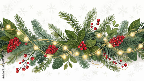 A festive christmas garland with pine branches, red berries, green leaves and warm glowing string lights