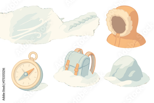 Survival in Whiteout. Isometric vector illustration set Survival in whiteout: blizzard wind snow blind, snow covered rope, parka