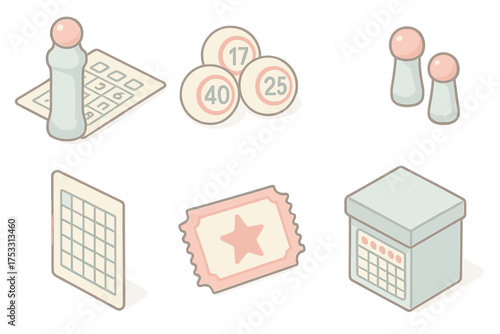 Bingo Game Icons. Isometric vector illustration set Social game icons: bingo dauber number card, round number balls, dauber tips,