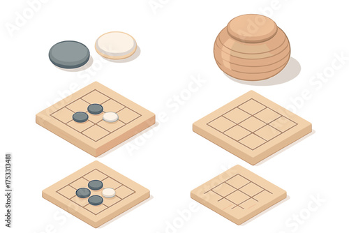 Go Game Elements. Isometric vector illustration set Classic strategy match: go stone capture territory, bowl with lid, arranged