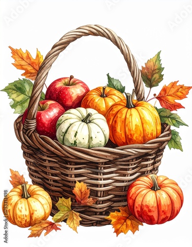 Basket of Pumpkins and Gourds – Fall Harvest Watercolor Illustration