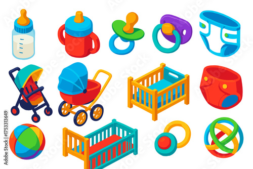 Baby Essentials Icons. Isometric vector illustration set baby icons: bottle with milk, sippy bottle, silicone pacifier, round