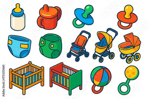 Baby Essentials Icons. Isometric vector illustration set baby icons: bottle with milk, sippy bottle, silicone pacifier, round