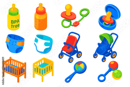 Bright Baby Essentials Icons. Isometric vector illustration set baby icons: BPA-free bottle, insulated baby bottle, pacifier with