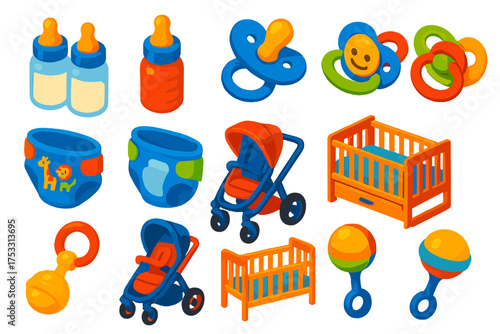 Colorful Baby Icon Set. Isometric vector illustration set baby icons: twin bottle set, ergonomic grip bottle, silicone teat