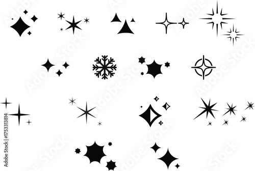 Stars Icons. Black Series. The set contains icons as Sparkle, Falling Star, firework, Twinkle, Glow, Star Shape, Celebritie,