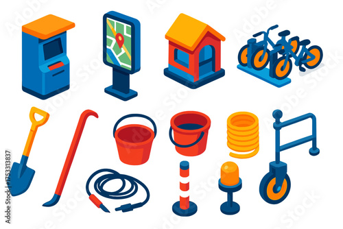 Modern Urban Icon Set. Isometric vector illustration set modern urban and construction designs: public transport ticket kiosk,