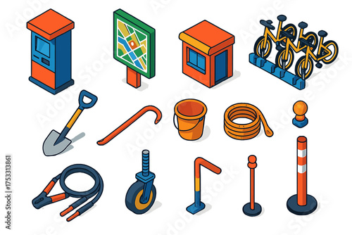 Modern Urban Icon Set. Isometric vector illustration set modern urban and construction designs: public transport ticket kiosk,