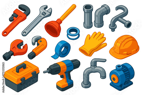 Plumbing Tools Icons. Isometric vector illustration set Plumbing Tools: pipe wrench, adjustable spanner, plunger, PVC pipes, pipe