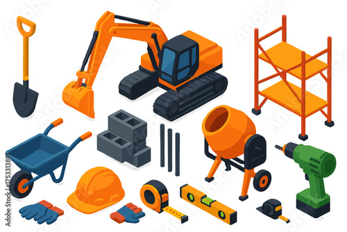 Construction Tools Icons. Isometric vector illustration set Foundation Construction: excavator, shovel, wheelbarrow, concrete