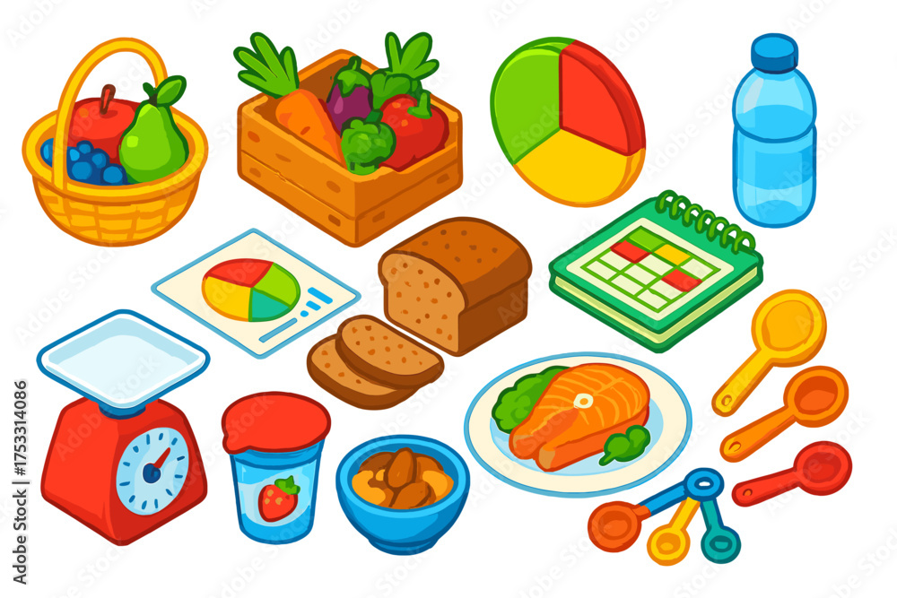 Fototapeta premium Balanced Diet Icons. Isometric vector illustration set Balanced Diet: fruits basket, vegetables crate, calorie chart, water bottle