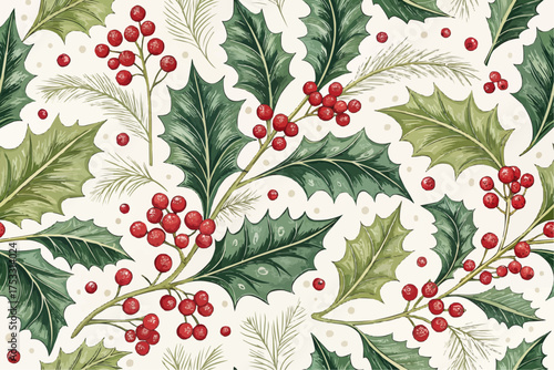 Seamless christmas pattern featuring holly leaves and red berries on a light background surface design