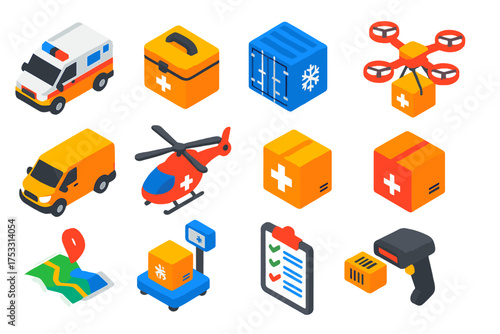 Emergency Logistics Icons. Isometric vector illustration set Emergency Logistics: ambulance, medical supply box, refrigerated