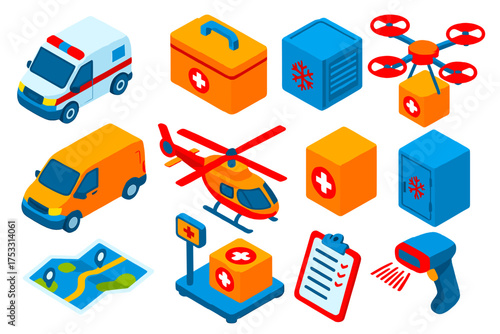 Emergency Logistics Icons. Isometric vector illustration set Emergency Logistics: ambulance, medical supply box, refrigerated
