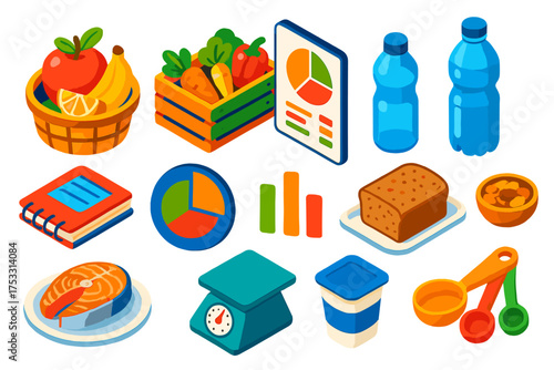 Balanced Diet Icons. Isometric vector illustration set Balanced Diet: fruits basket, vegetables crate, calorie chart, water bottle