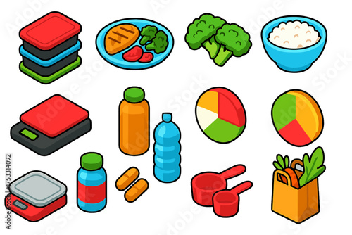 Meal Prep Essentials. Isometric vector illustration set Meal Prep Essentials: meal prep containers, grilled chicken plate,