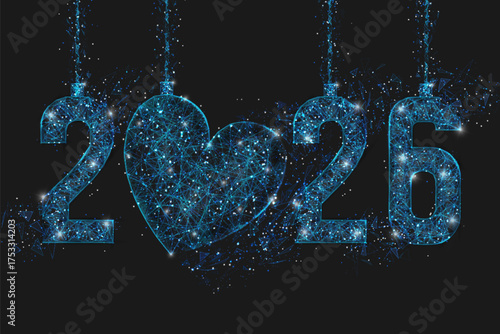 Abstract isolated blue image of new year number 2026. Polygonal low poly wireframe illustration looks like stars in the black night sky in space or flying glass shards. Digital web, internet design.