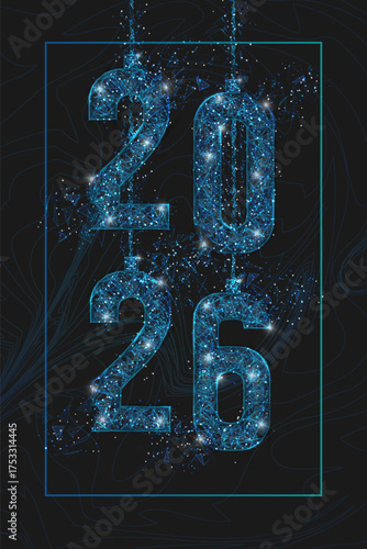 Abstract isolated blue image of new year number 2026. Polygonal low poly wireframe illustration looks like stars in the black night sky in space or flying glass shards. Digital web, internet design.