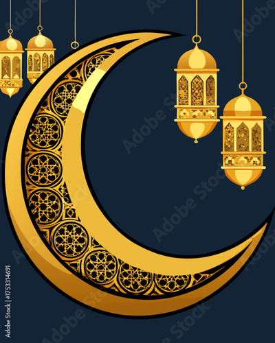 Elegant Ramadan Mubarak Greeting with Golden Crescent Moon and Lanterns.
