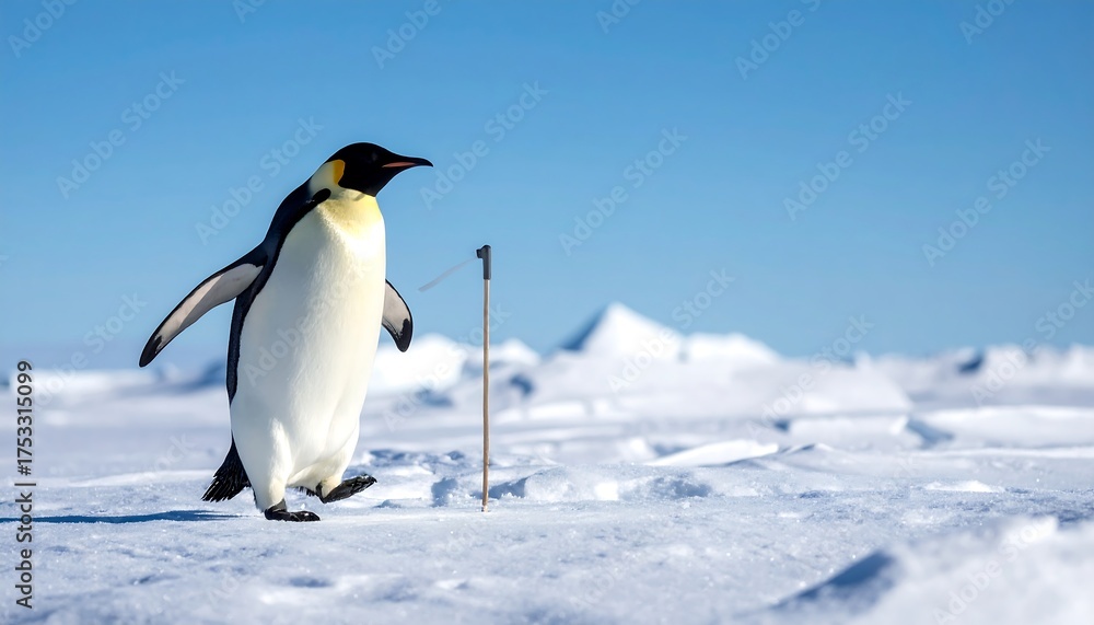 Obraz premium A single Emperor penguin strides across a snow-covered icy landscape under a clear, bright blue sky. In the background are glacial formations