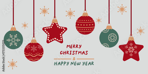Retro flat red green ornaments suspended from ribbons adorned Seasonal motifs Gold snowflakes Gray background Holiday season Merry Christmas and happy New Year Horizontal greeting card