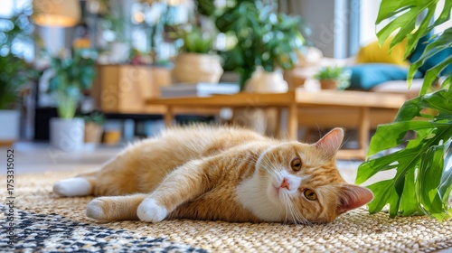 Wallpaper Mural Happy overweight cat posing on a woven carpet, with natural plants and modern furniture creating a warm, inviting atmosphere. Torontodigital.ca
