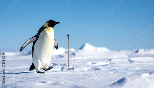 A single Emperor penguin strides across a snow-covered icy landscape under a clear, bright blue sky. In the background are glacial formations