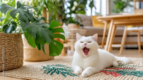 Wallpaper Mural Adorable fat cat with a happy expression relaxing on a textured rug, framed by greenery and stylish minimalist interior decor. Torontodigital.ca