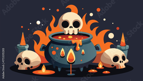 Witch Cauldron with Skulls and Fire Graphic

