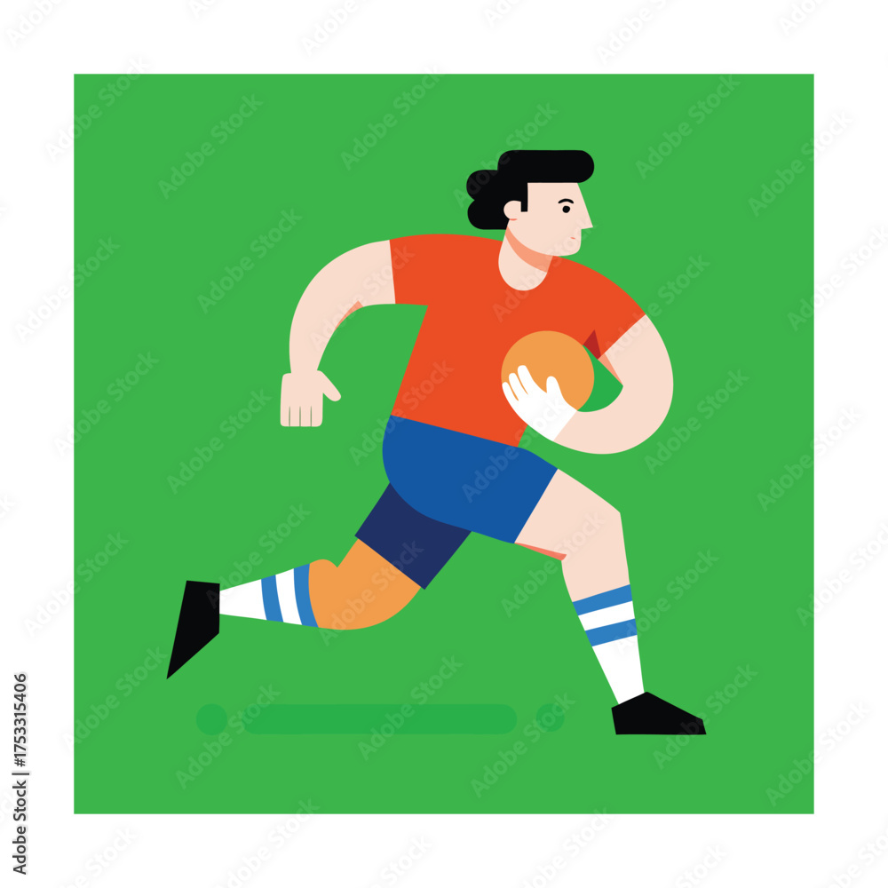 Fototapeta premium Rugby player in orange shirt and blue shorts with ball