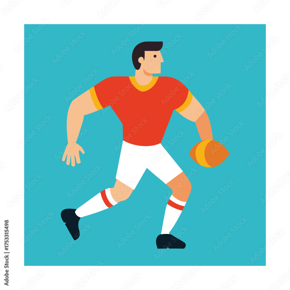 Fototapeta premium Rugby player in red and white uniform running with ball