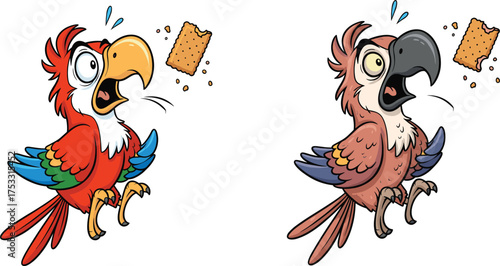 Cartoon parrots surprised by cracker, funny bird illustration, colorful animal artwork, playful design, humorous reaction, tropical theme, creative concept, dynamic scene