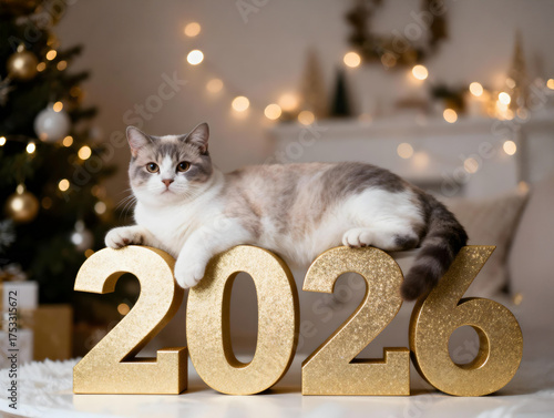 Elegant cat lying on golden glitter 2026 numbers with Christmas tree and bokeh lights, cozy festive new year scene in warm tones