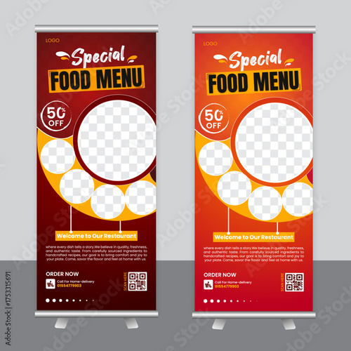 Food restaurant business marketing roll up banner or x banner template design 