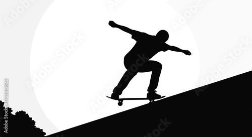 Dynamic Skateboarder Silhouette Riding Downhill on a Slope in Black and White Illustration