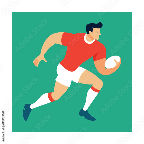 Rugby player running with ball on teal background Keywords: rugby, player, sport, athlete