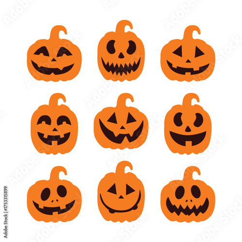 Halloween pumpkins silhouette collection, isolated on white background. Pumpkins different shapes silhouette set. Scary spooky carving pumpkins vector icons