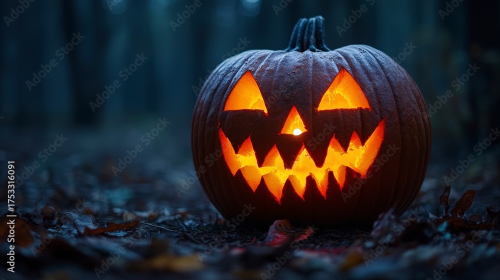 Fototapeta premium Spooky Carved Pumpkin Lantern with Glowing Eyes Illuminating a Mysterious Dark Forest Scene