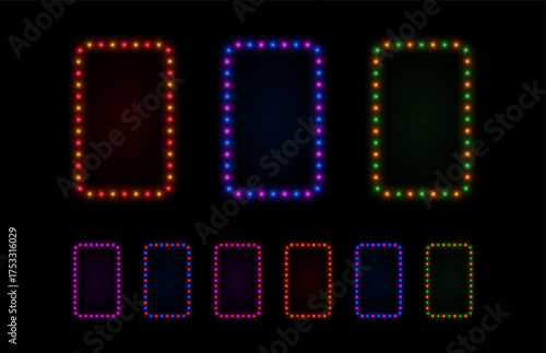 Light rectangle frame with neon bulbs. Lamp glow retro borders for cinema, circus and casino games presentation. Vector set in purple, green and blue.