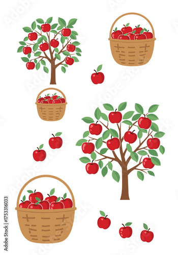 Illustrations of apple trees with ripe red apples and baskets full of freshly picked fruit.
