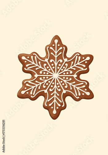 A beautifully decorated snowflake gingerbread cookie with white icing details on a cream background.