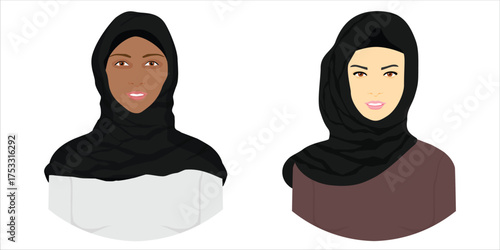 Muslim women in hijab. Portrait of young arab girls in traditional dress. Female avatars in cartoon style. Vector illustration