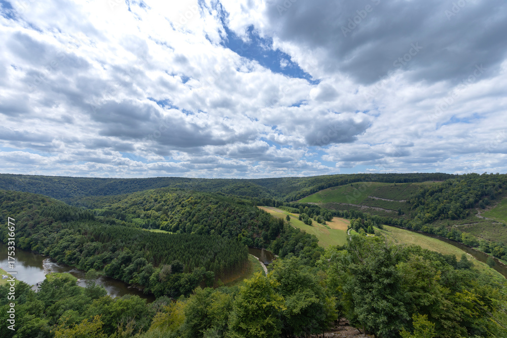 Fototapeta premium Herbeumont valley landscape showing Semois river and green forests