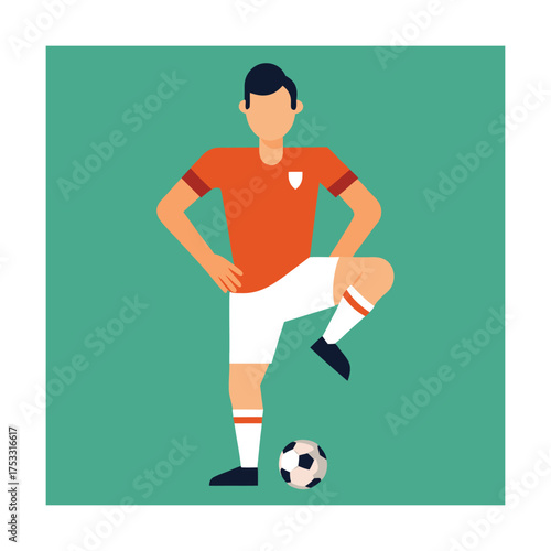 Soccer Player In Orange Uniform With Ball Flat Design
