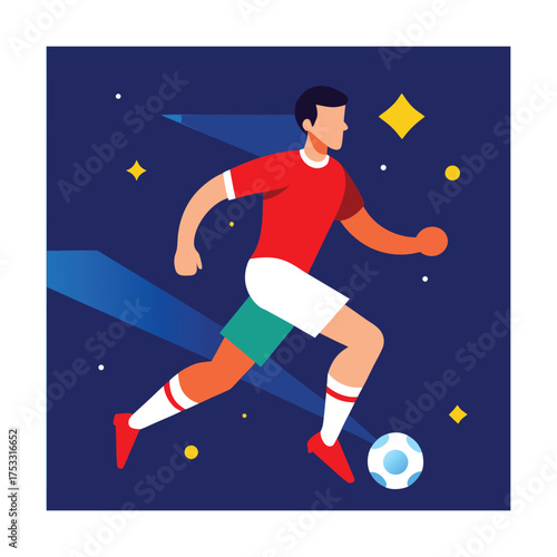 Soccer player in red and green uniform with ball at night