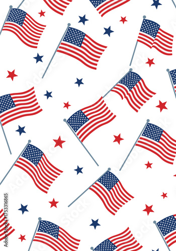 Seamless pattern of American flags and stars for patriotic celebrations and events.