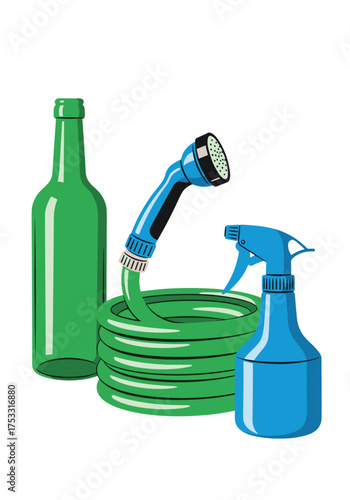 Green bottle coiled hose and blue spray bottle ready for gardening tasks.